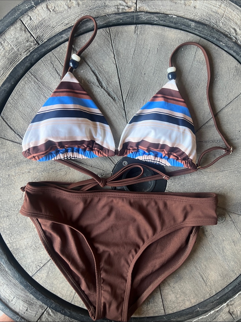 Shade & Shore Brown Bikini with Blue, White and Navy Striped Triangle Top